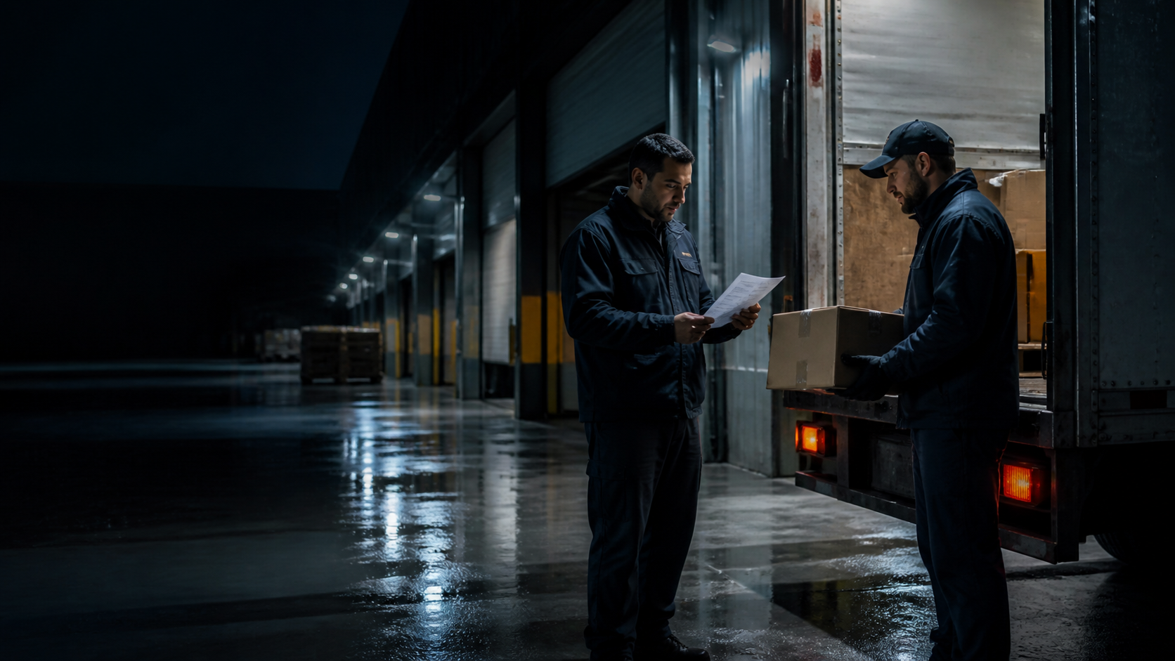 Driver and dock agent checking a shipment at pickup