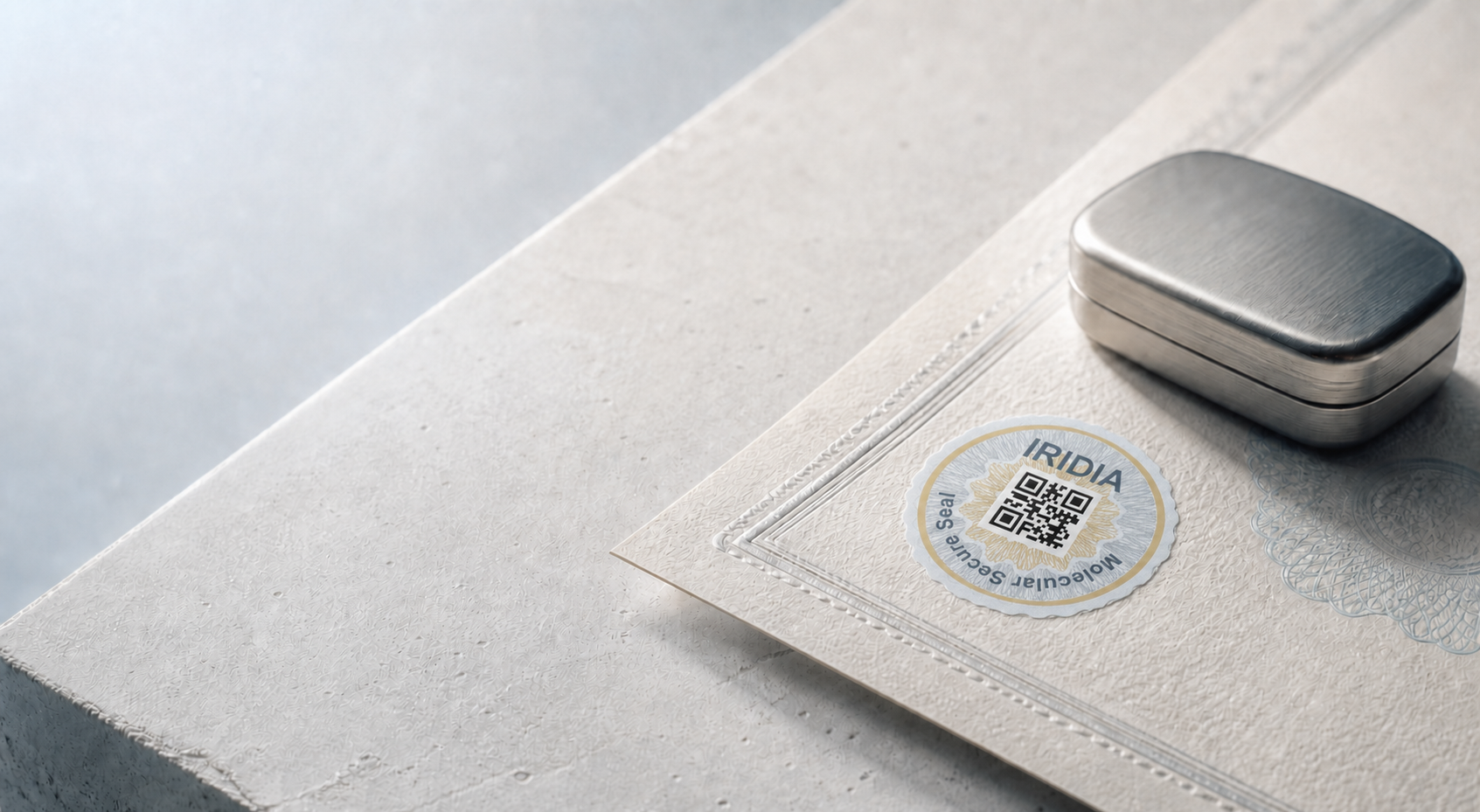 An Iridia SecureSeal applied to a physical document